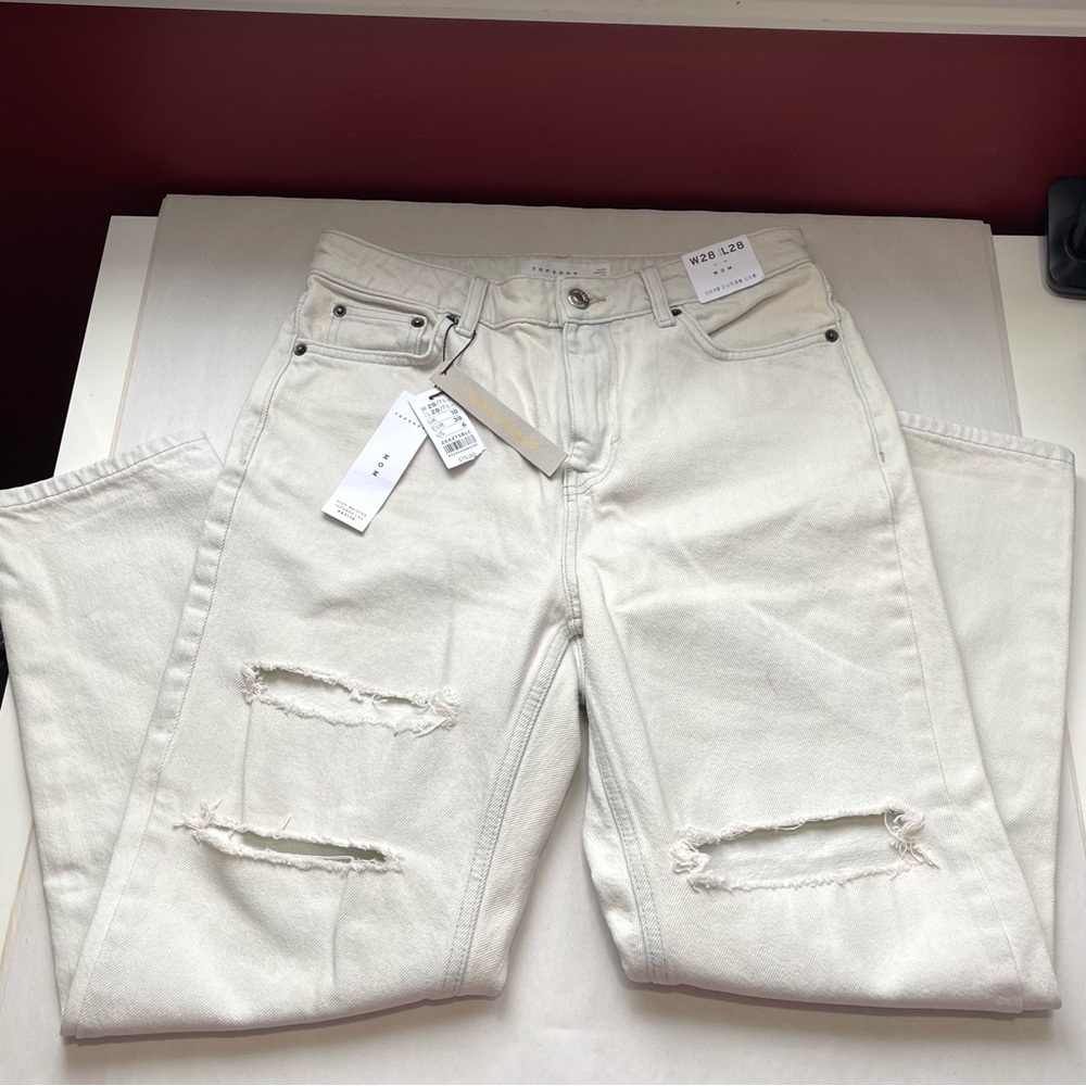 Topshop Mom High Waisted Tapered Leg Petite White Off Jeans